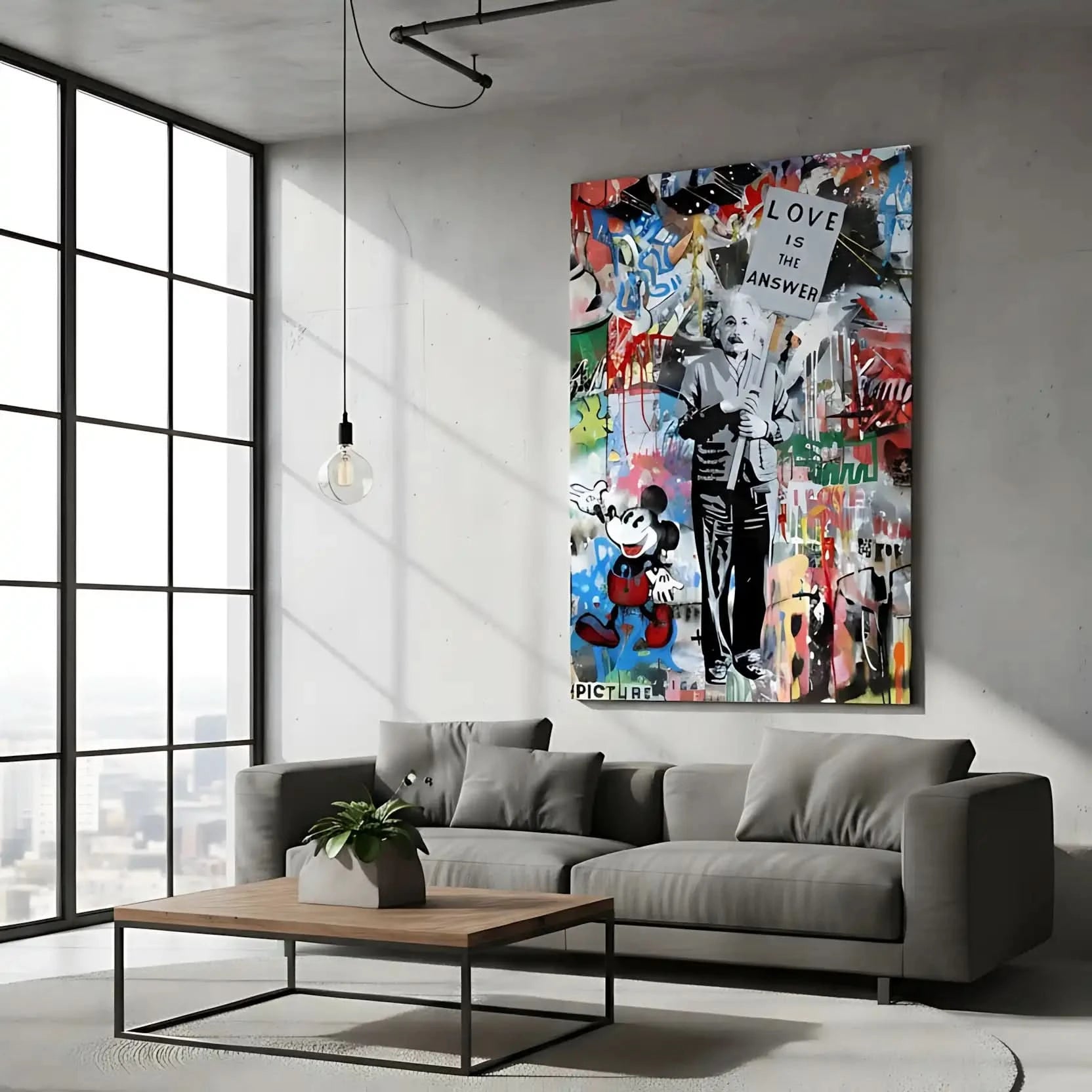 Toile pop art avec message d'amour, couleurs vives et personnages iconiques, idéale pour salon ou bureau moderne.