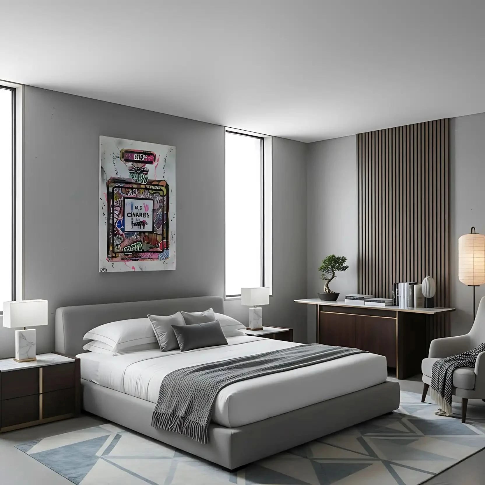 Flacon de parfum iconique avec graffitis multicolores, street art vibrant pour salon moderne ou bureau créatif.