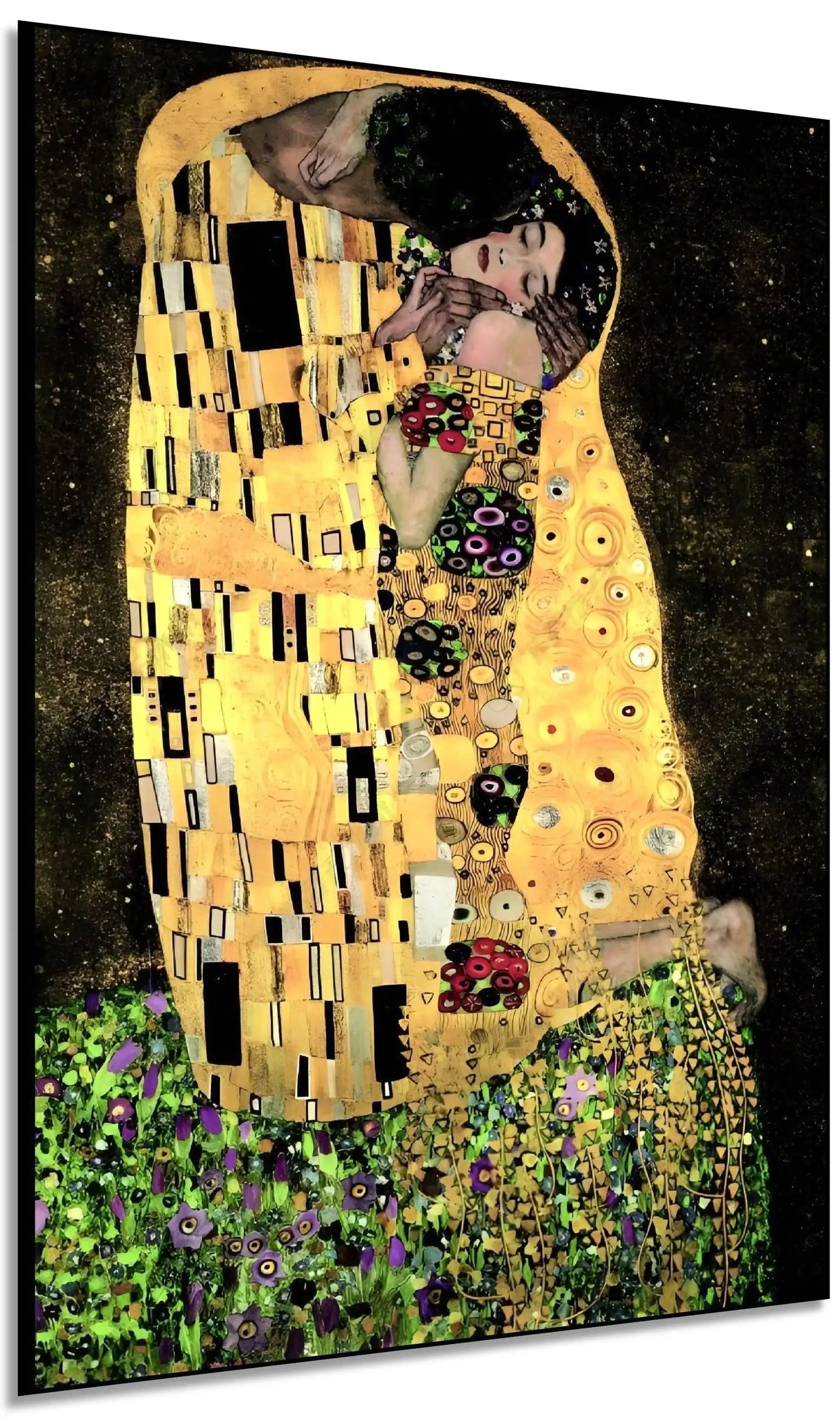 Couple enlacé avec motifs dorés et noirs, ambiance romantique et mystérieuse, idéal pour salon ou chambre élégante.