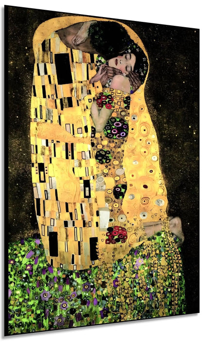 Couple enlacé avec motifs dorés et noirs, ambiance romantique et mystérieuse, idéal pour salon ou chambre élégante.