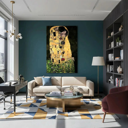 Couple enlacé avec motifs dorés et noirs, ambiance romantique et mystérieuse, idéal pour salon ou chambre élégante.