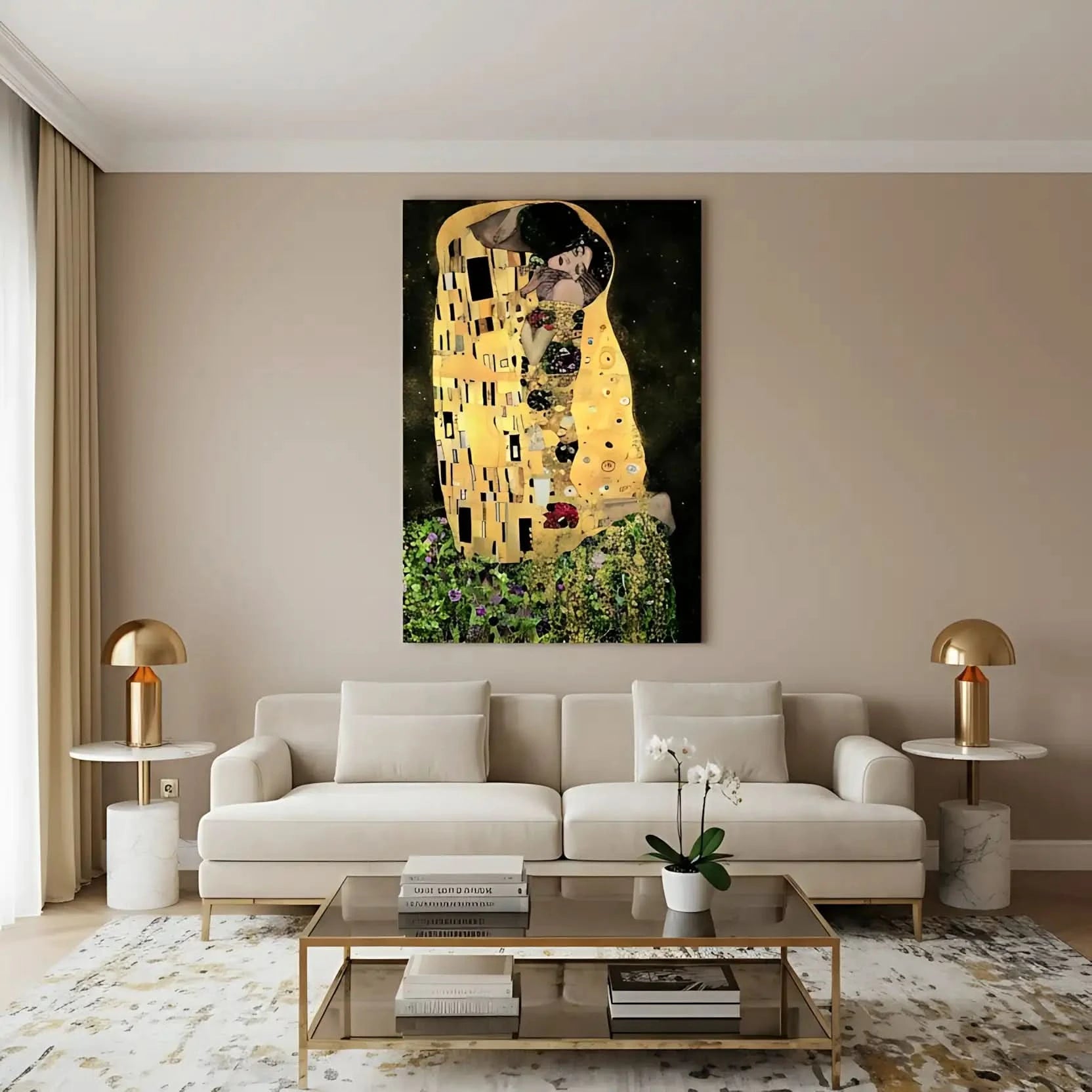 Couple enlacé avec motifs dorés et noirs, ambiance romantique et mystérieuse, idéal pour salon ou chambre élégante.