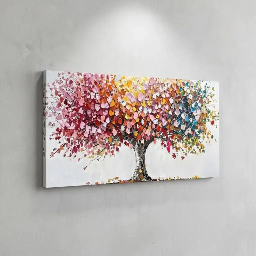 Arbre abstrait aux pétales multicolores disposés en collage, apportant vitalité et joie pour salon ou salle à manger.