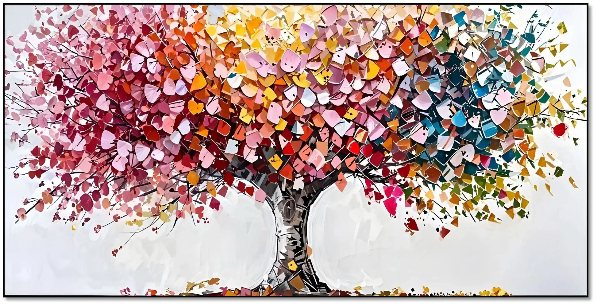 Arbre abstrait aux pétales multicolores disposés en collage, apportant vitalité et joie pour salon ou salle à manger.
