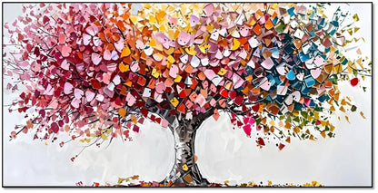 Arbre abstrait aux pétales multicolores disposés en collage, apportant vitalité et joie pour salon ou salle à manger.
