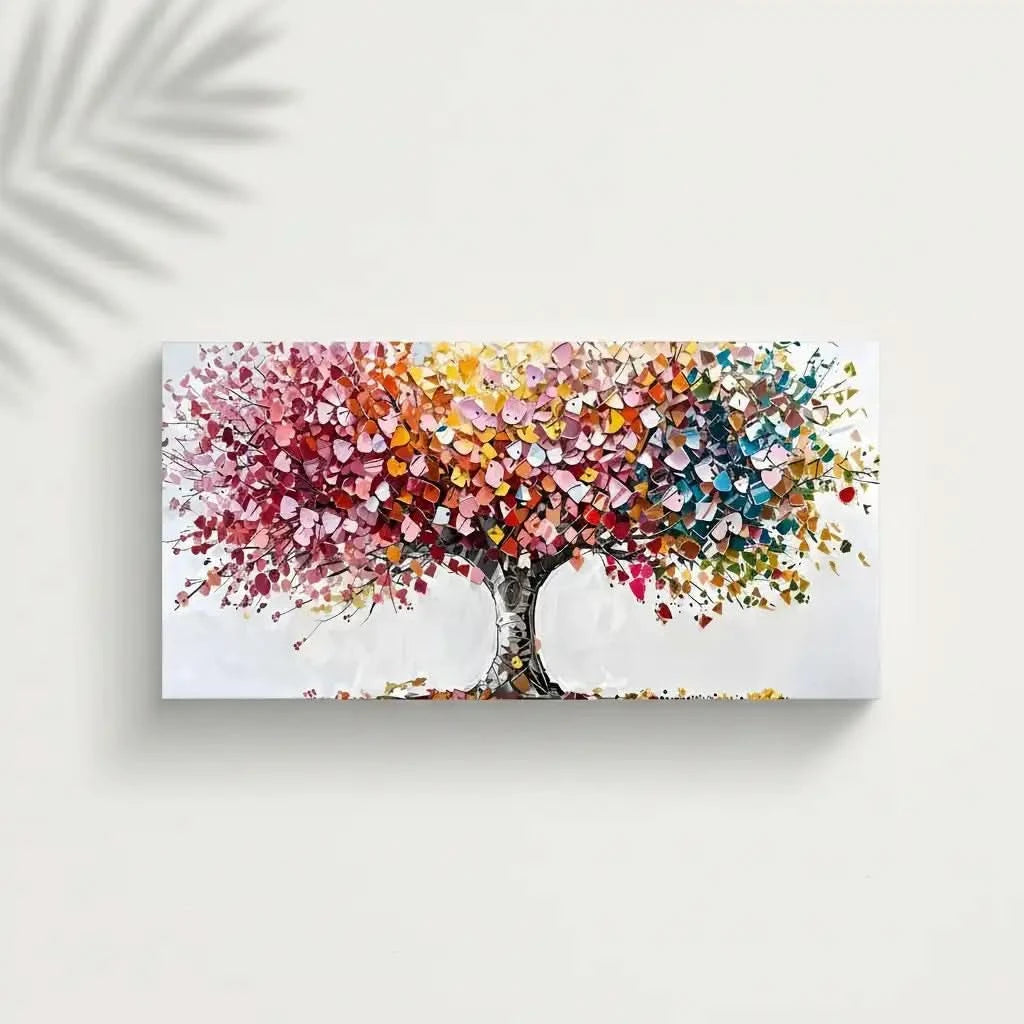 Arbre abstrait aux pétales multicolores disposés en collage, apportant vitalité et joie pour salon ou salle à manger.