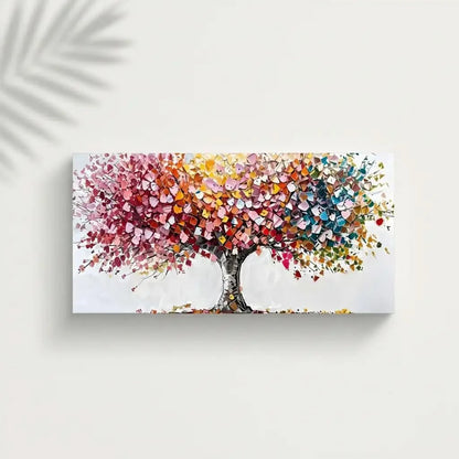 Arbre abstrait aux pétales multicolores disposés en collage, apportant vitalité et joie pour salon ou salle à manger.