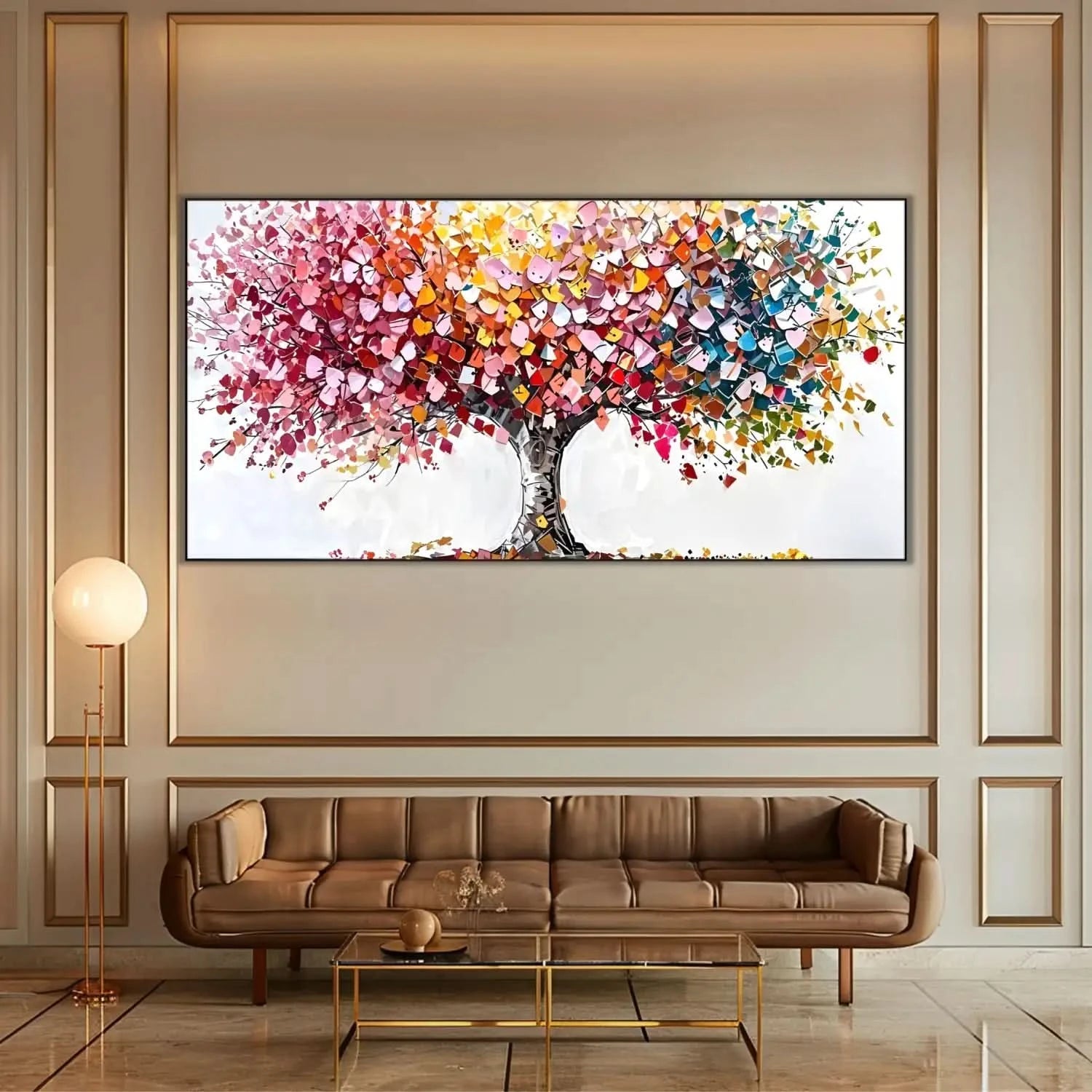 Arbre abstrait aux pétales multicolores disposés en collage, apportant vitalité et joie pour salon ou salle à manger.