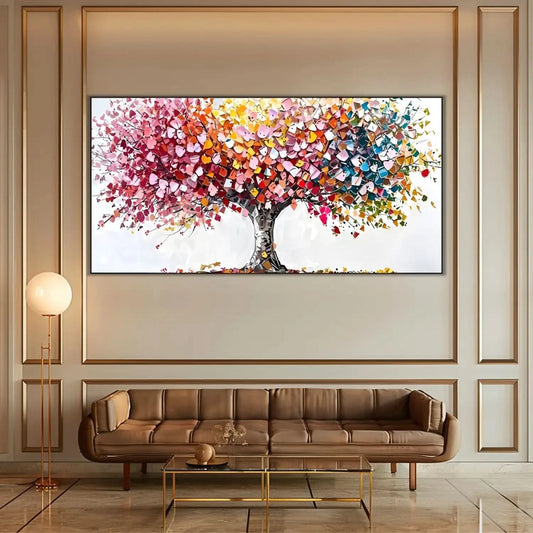 Arbre abstrait aux pétales multicolores disposés en collage, apportant vitalité et joie pour salon ou salle à manger.