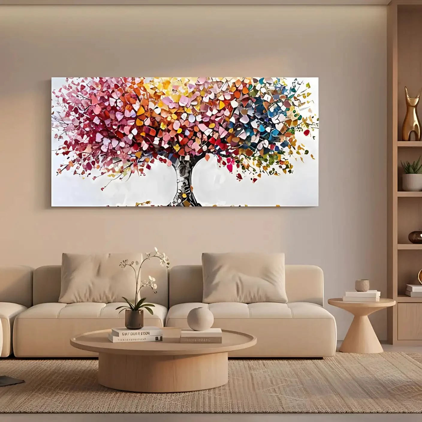 Arbre abstrait aux pétales multicolores disposés en collage, apportant vitalité et joie pour salon ou salle à manger.