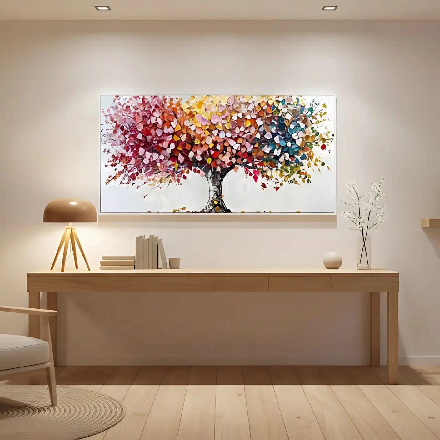 Arbre abstrait aux pétales multicolores disposés en collage, apportant vitalité et joie pour salon ou salle à manger.