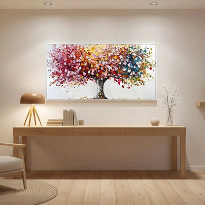 Arbre abstrait aux pétales multicolores disposés en collage, apportant vitalité et joie pour salon ou salle à manger.