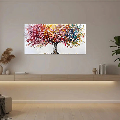 Arbre abstrait aux pétales multicolores disposés en collage, apportant vitalité et joie pour salon ou salle à manger.