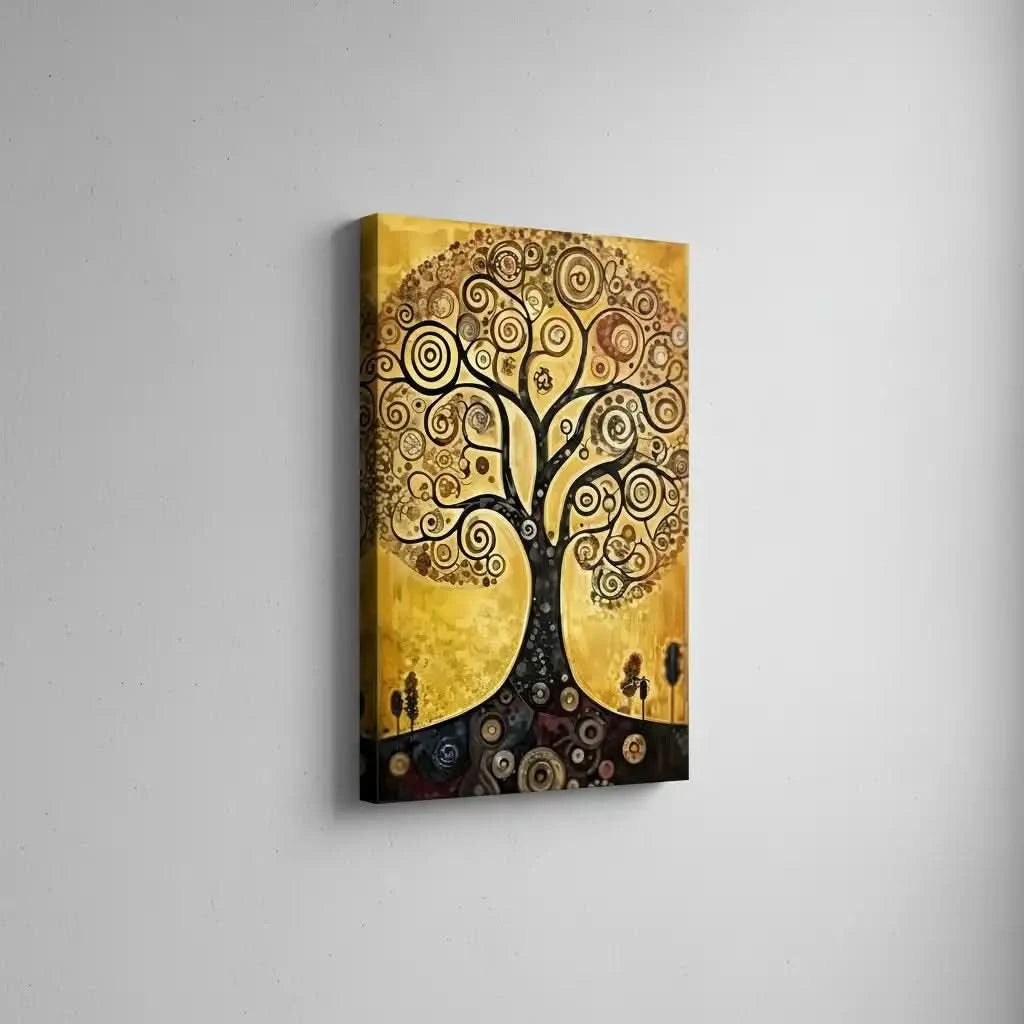 Arbre de vie stylisé aux spirales noires sur fond doré, ambiance mystique et chaleureuse pour salon ou bureau.