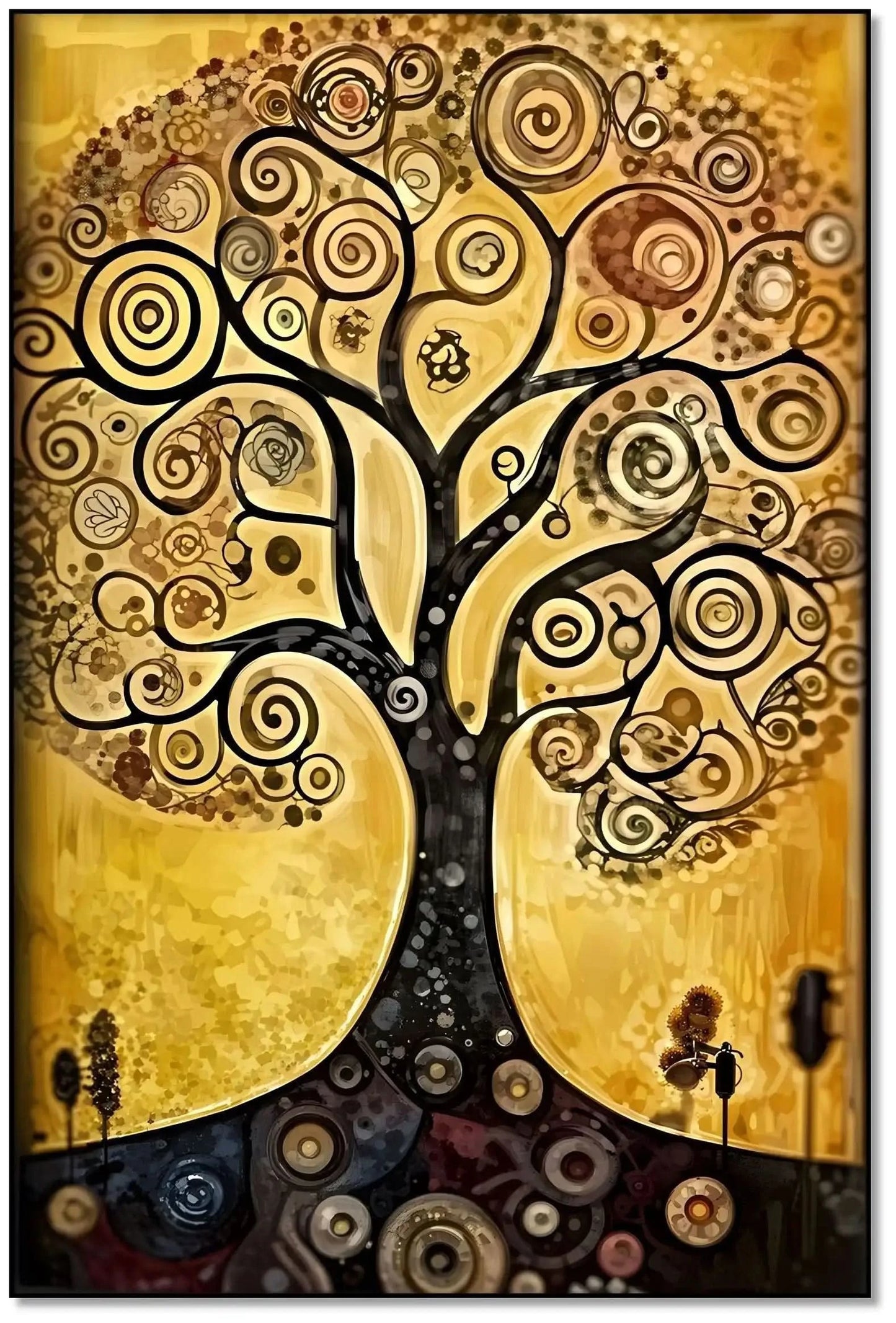 Arbre de vie stylisé aux spirales noires sur fond doré, ambiance mystique et chaleureuse pour salon ou bureau.