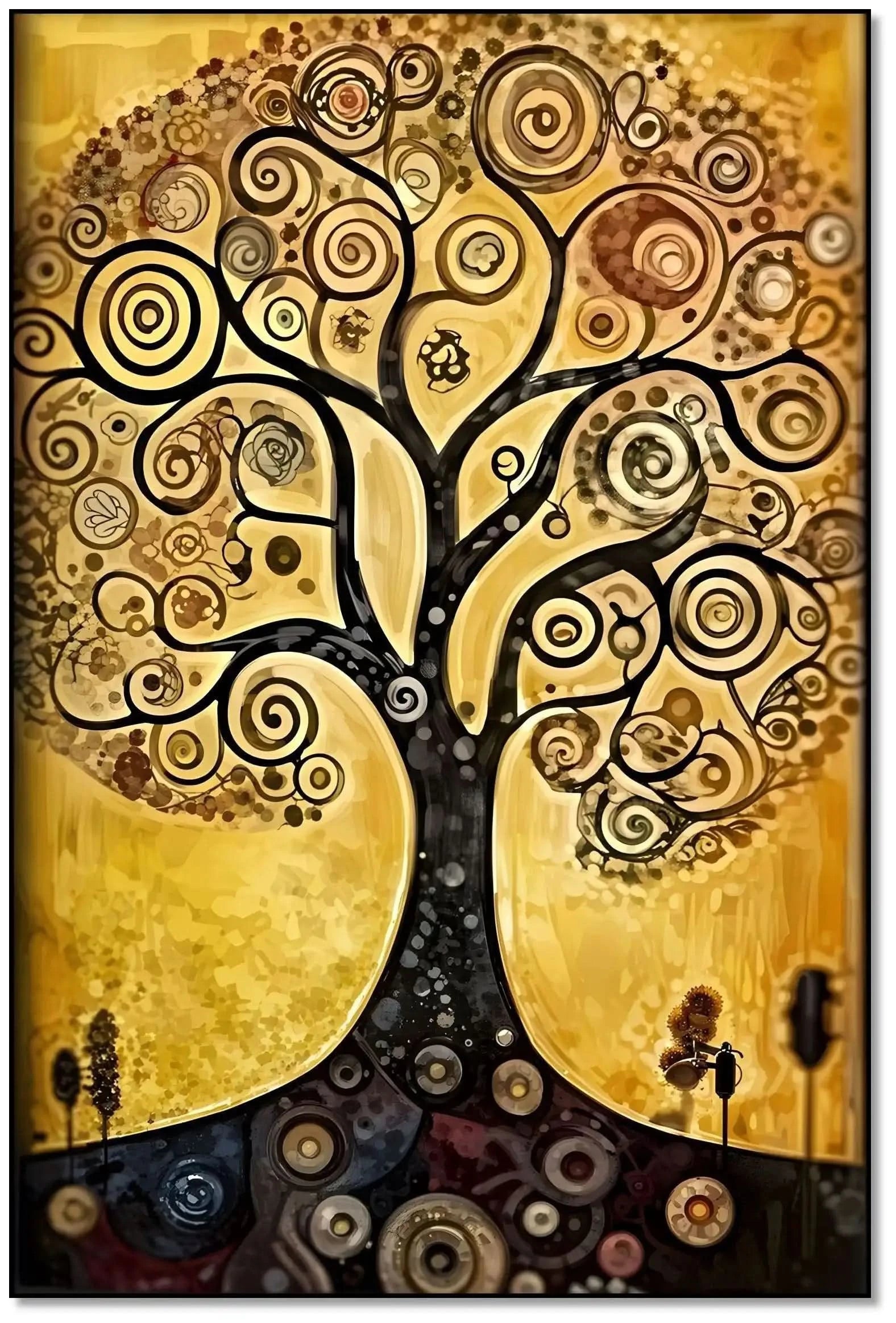 Arbre de vie stylisé aux spirales noires sur fond doré, ambiance mystique et chaleureuse pour salon ou bureau.