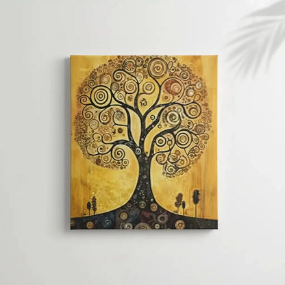 Arbre de vie stylisé aux spirales noires sur fond doré, ambiance mystique et chaleureuse pour salon ou bureau.