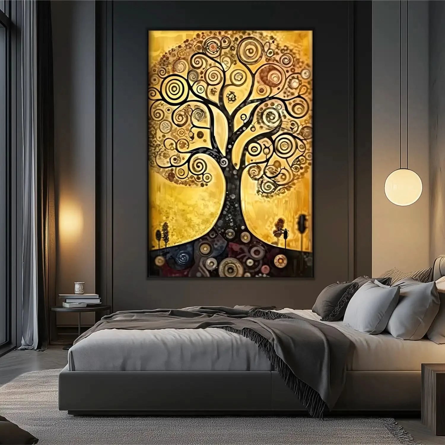 Arbre de vie stylisé aux spirales noires sur fond doré, ambiance mystique et chaleureuse pour salon ou bureau.