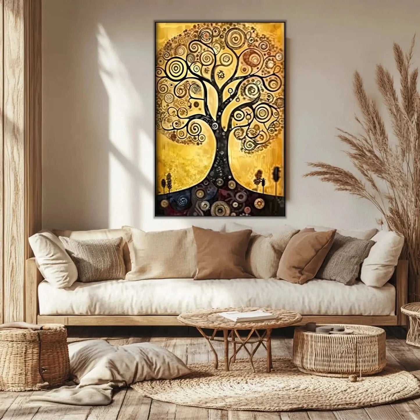 Arbre de vie stylisé aux spirales noires sur fond doré, ambiance mystique et chaleureuse pour salon ou bureau.