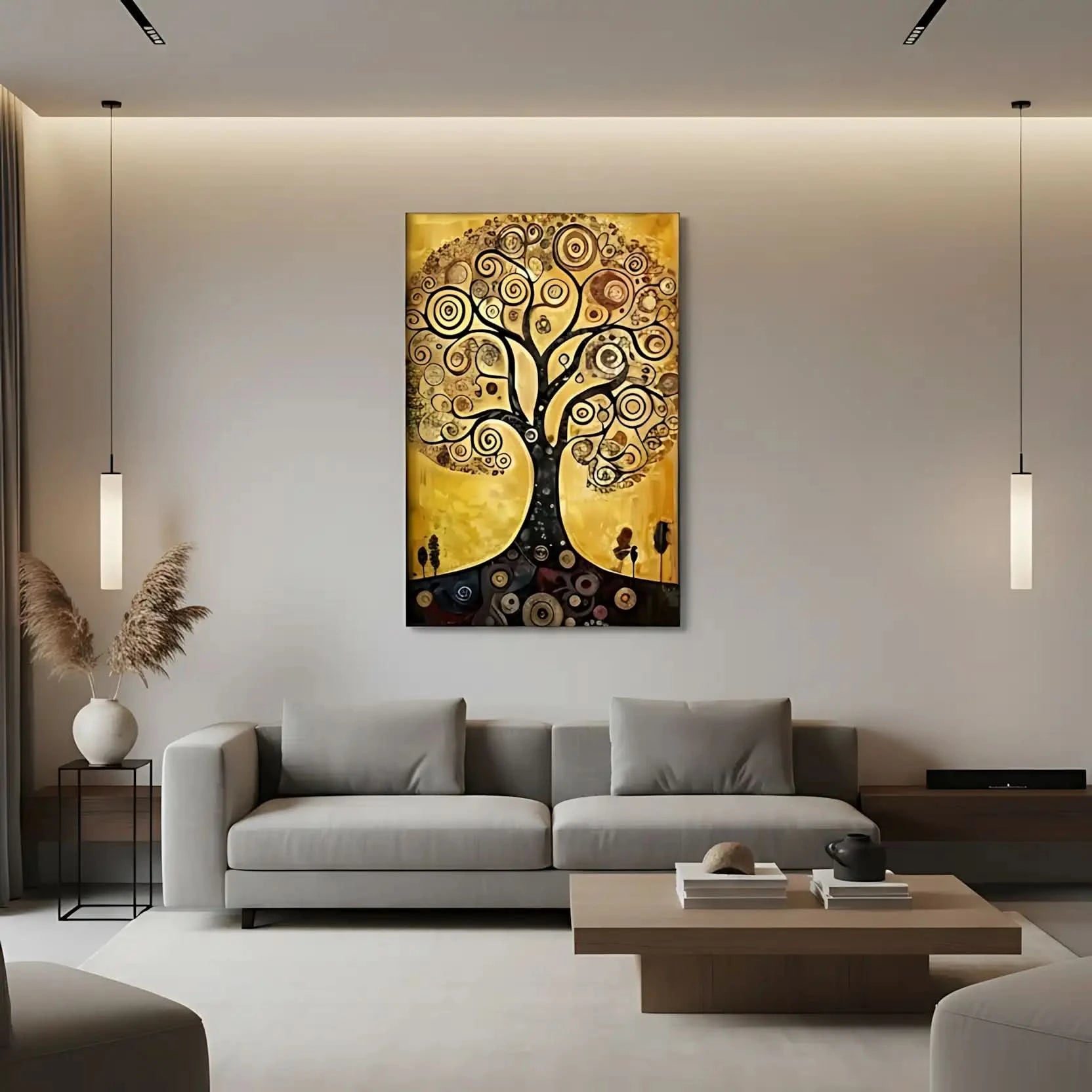 Arbre de vie stylisé aux spirales noires sur fond doré, ambiance mystique et chaleureuse pour salon ou bureau.