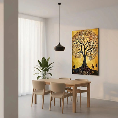 Arbre de vie stylisé aux spirales noires sur fond doré, ambiance mystique et chaleureuse pour salon ou bureau.
