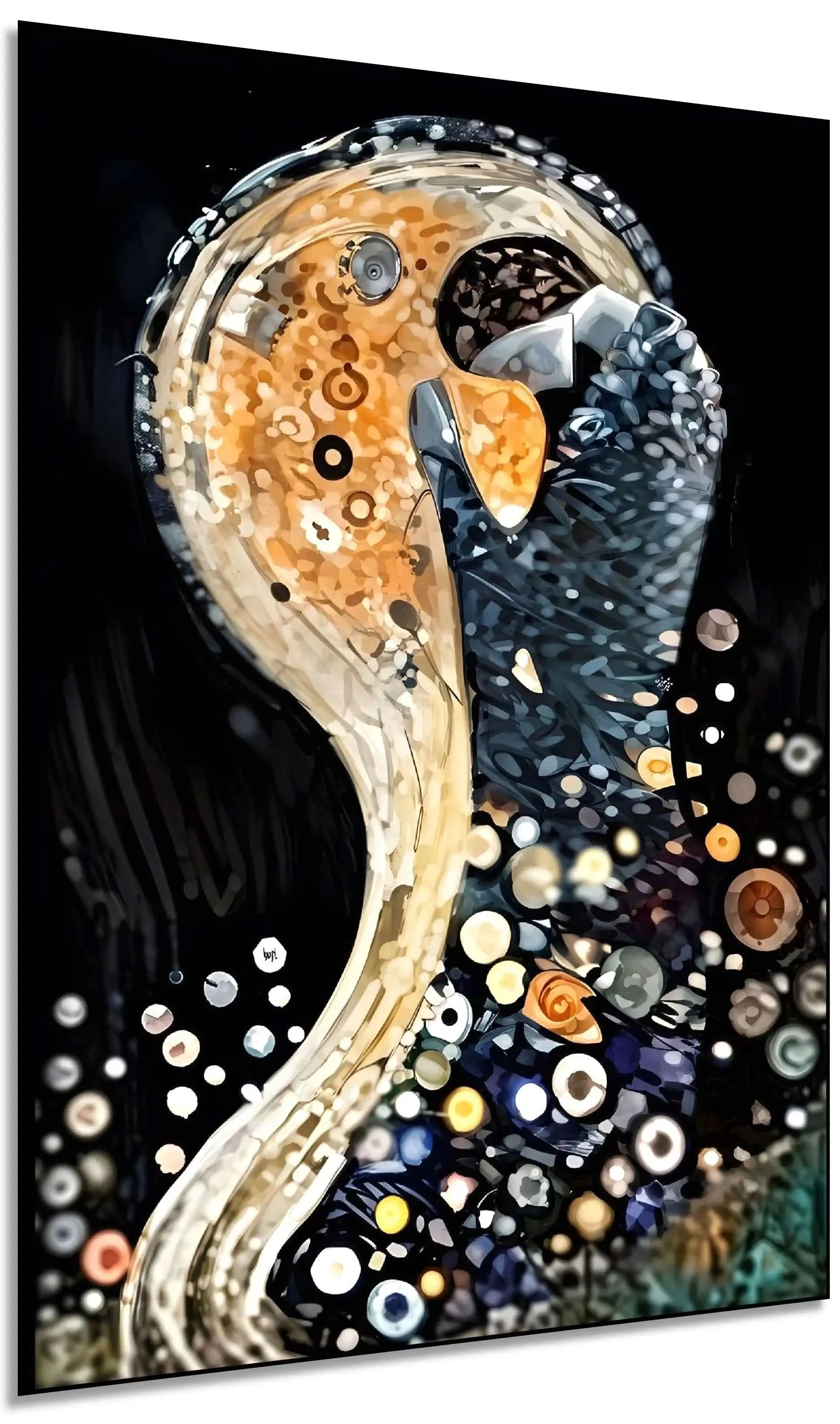 Tableau abstrait avec formes circulaires, teintes dorées et noires, ambiance mystérieuse pour salon moderne ou bureau.