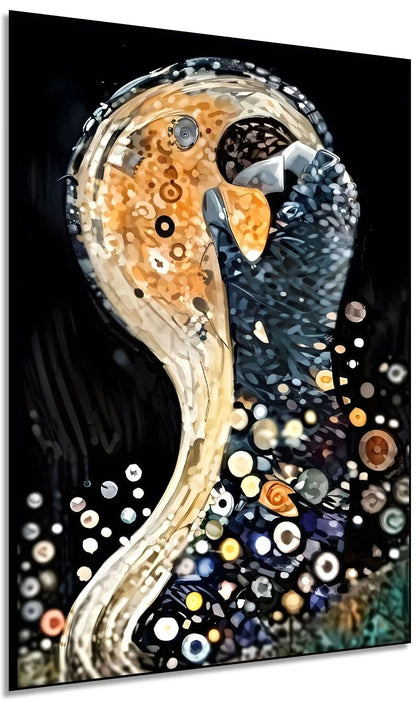 Tableau abstrait avec formes circulaires, teintes dorées et noires, ambiance mystérieuse pour salon moderne ou bureau.