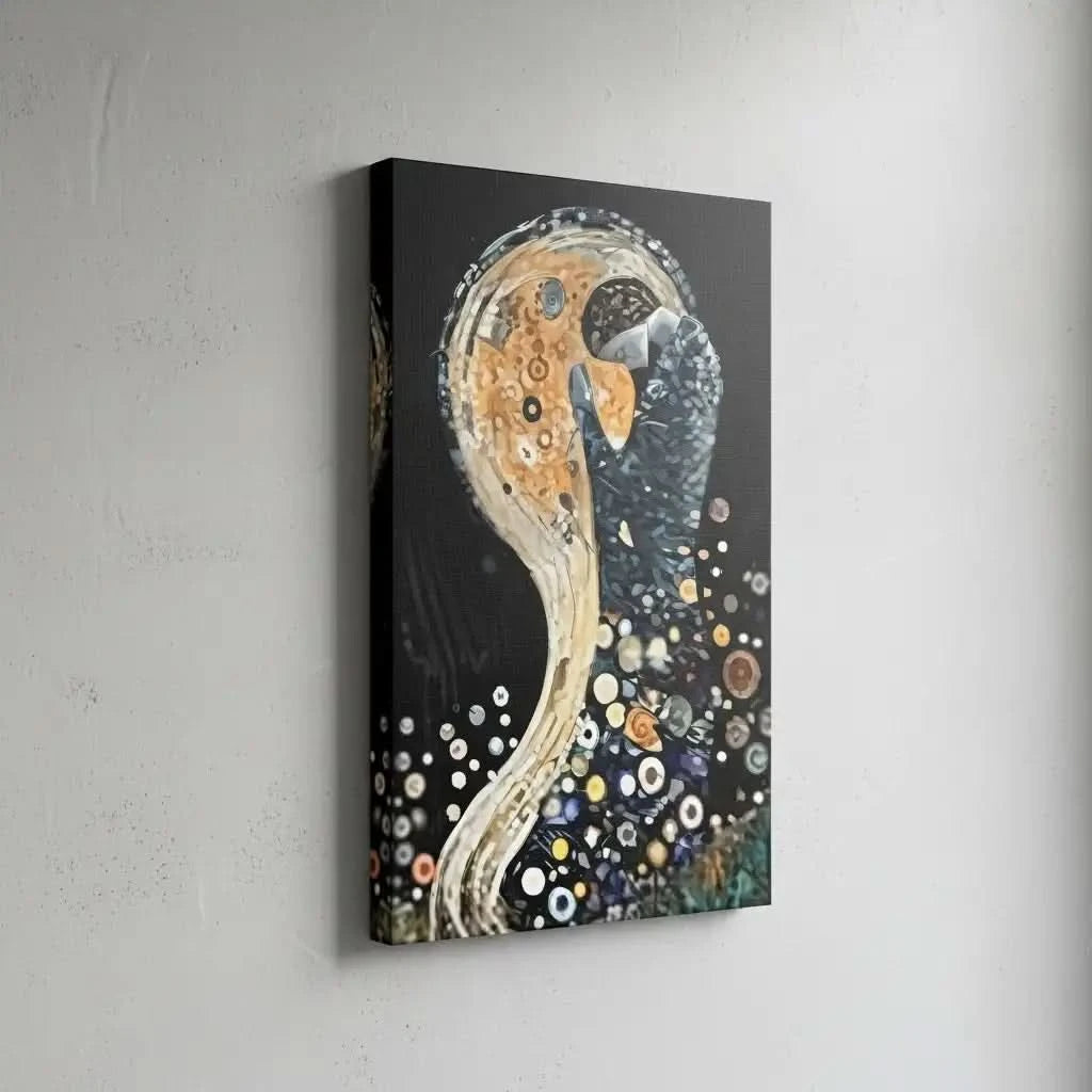 Tableau abstrait avec formes circulaires, teintes dorées et noires, ambiance mystérieuse pour salon moderne ou bureau.