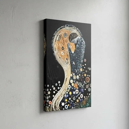 Tableau abstrait avec formes circulaires, teintes dorées et noires, ambiance mystérieuse pour salon moderne ou bureau.