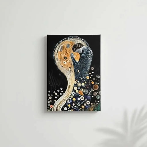 Tableau abstrait avec formes circulaires, teintes dorées et noires, ambiance mystérieuse pour salon moderne ou bureau.