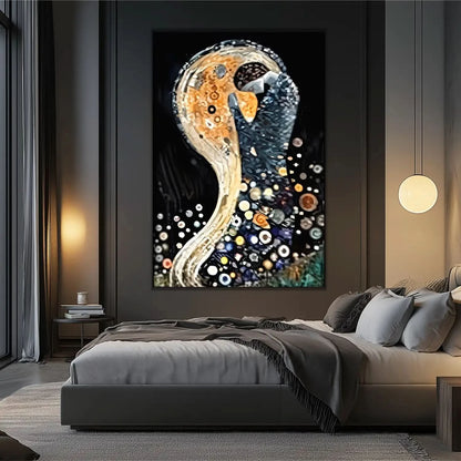 Tableau abstrait avec formes circulaires, teintes dorées et noires, ambiance mystérieuse pour salon moderne ou bureau.