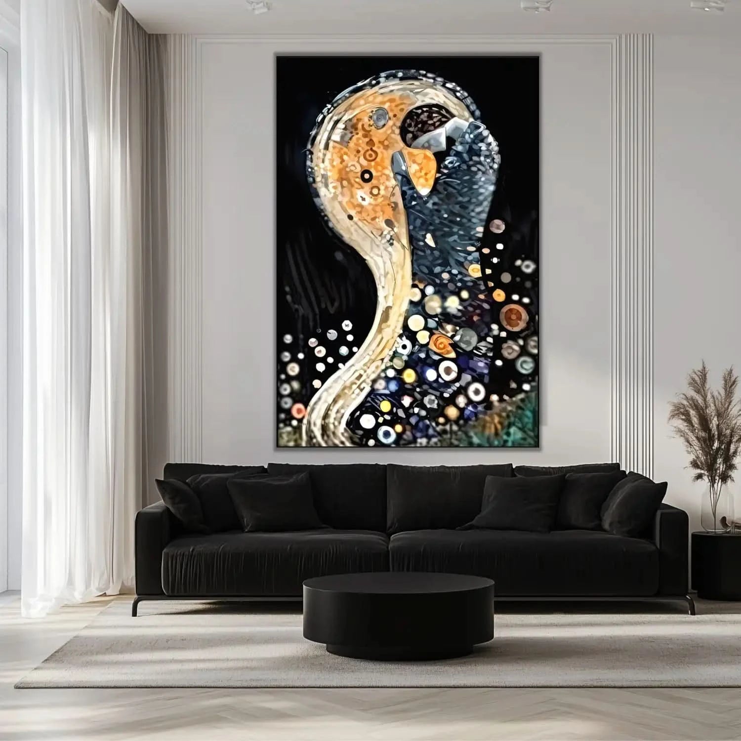 Tableau abstrait avec formes circulaires, teintes dorées et noires, ambiance mystérieuse pour salon moderne ou bureau.