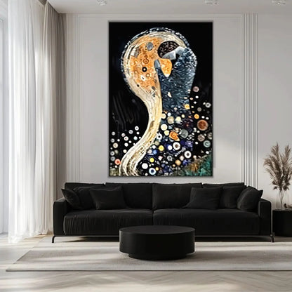 Tableau abstrait avec formes circulaires, teintes dorées et noires, ambiance mystérieuse pour salon moderne ou bureau.