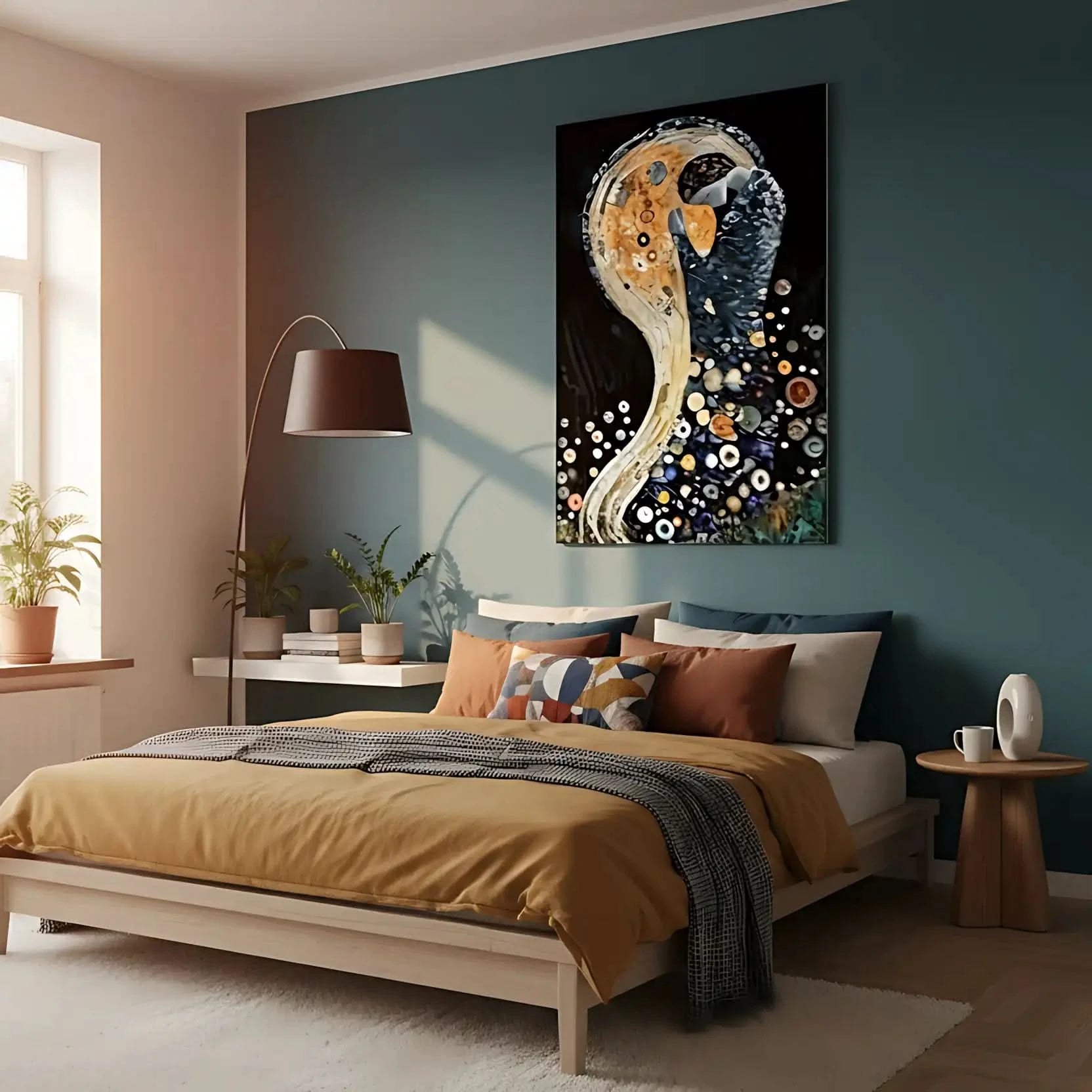 Tableau abstrait avec formes circulaires, teintes dorées et noires, ambiance mystérieuse pour salon moderne ou bureau.