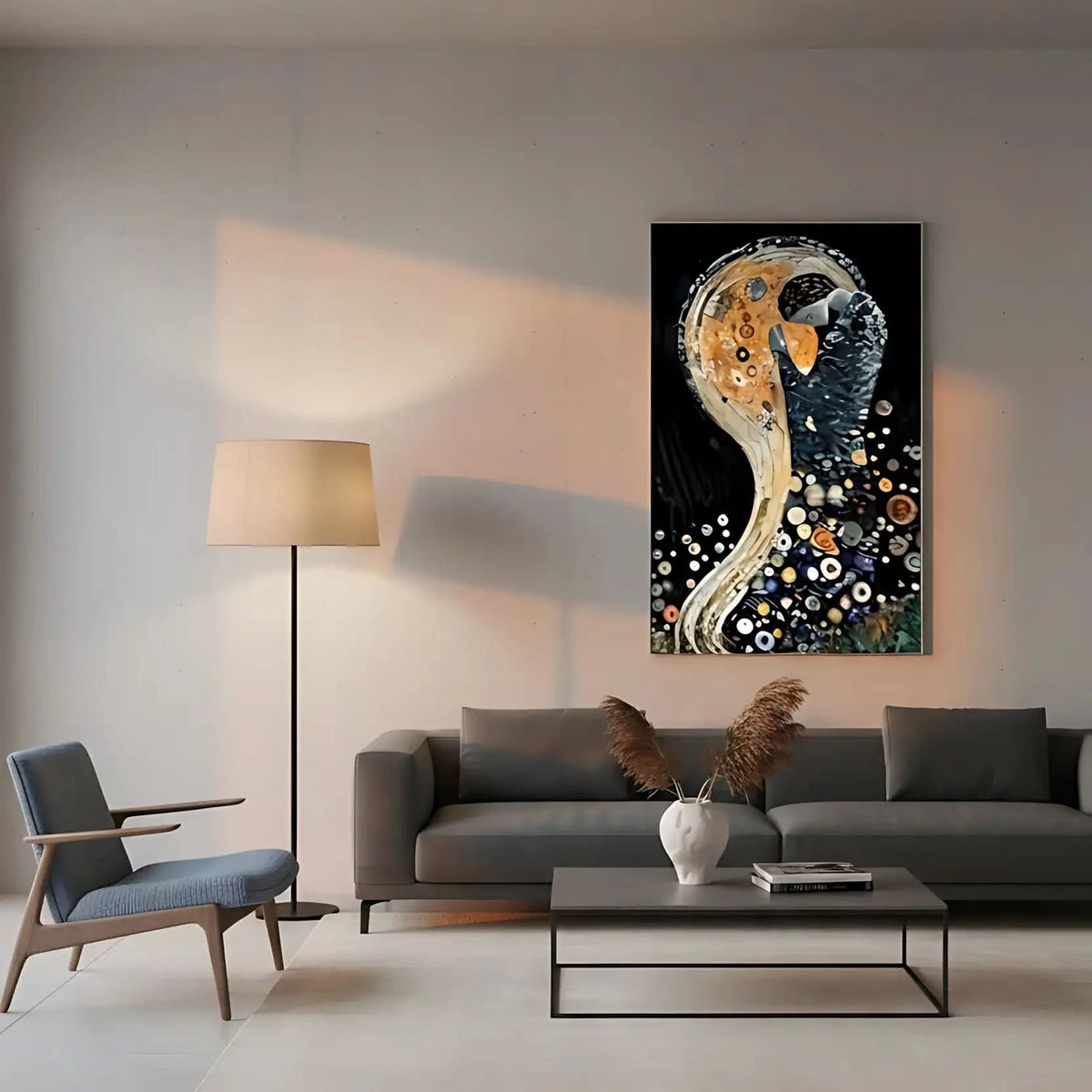 Tableau abstrait avec formes circulaires, teintes dorées et noires, ambiance mystérieuse pour salon moderne ou bureau.