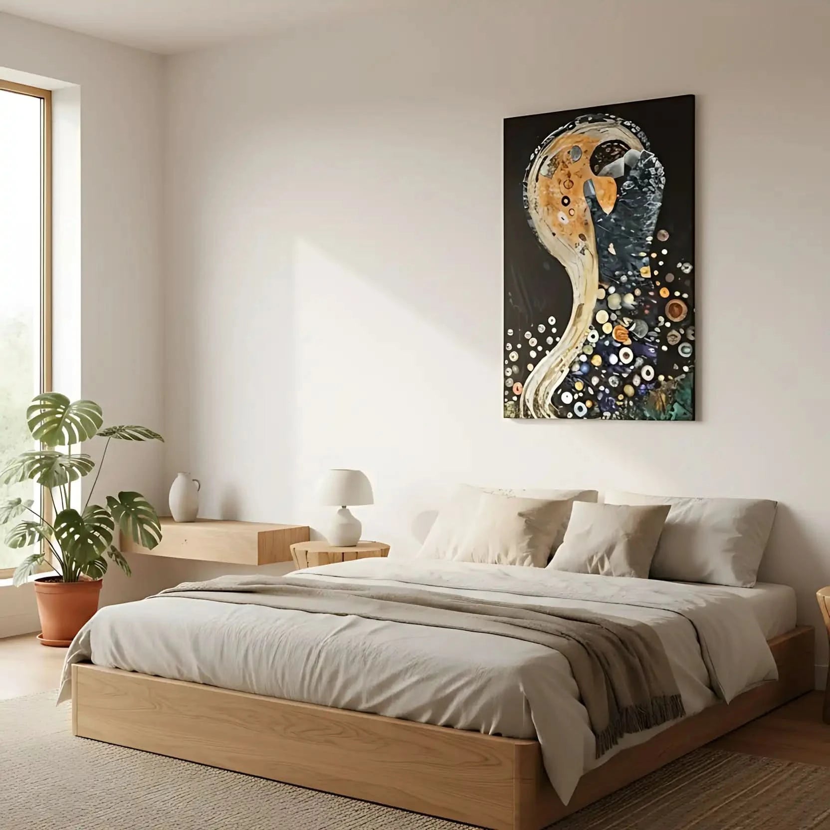 Tableau abstrait avec formes circulaires, teintes dorées et noires, ambiance mystérieuse pour salon moderne ou bureau.