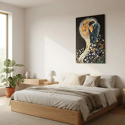 Tableau abstrait avec formes circulaires, teintes dorées et noires, ambiance mystérieuse pour salon moderne ou bureau.