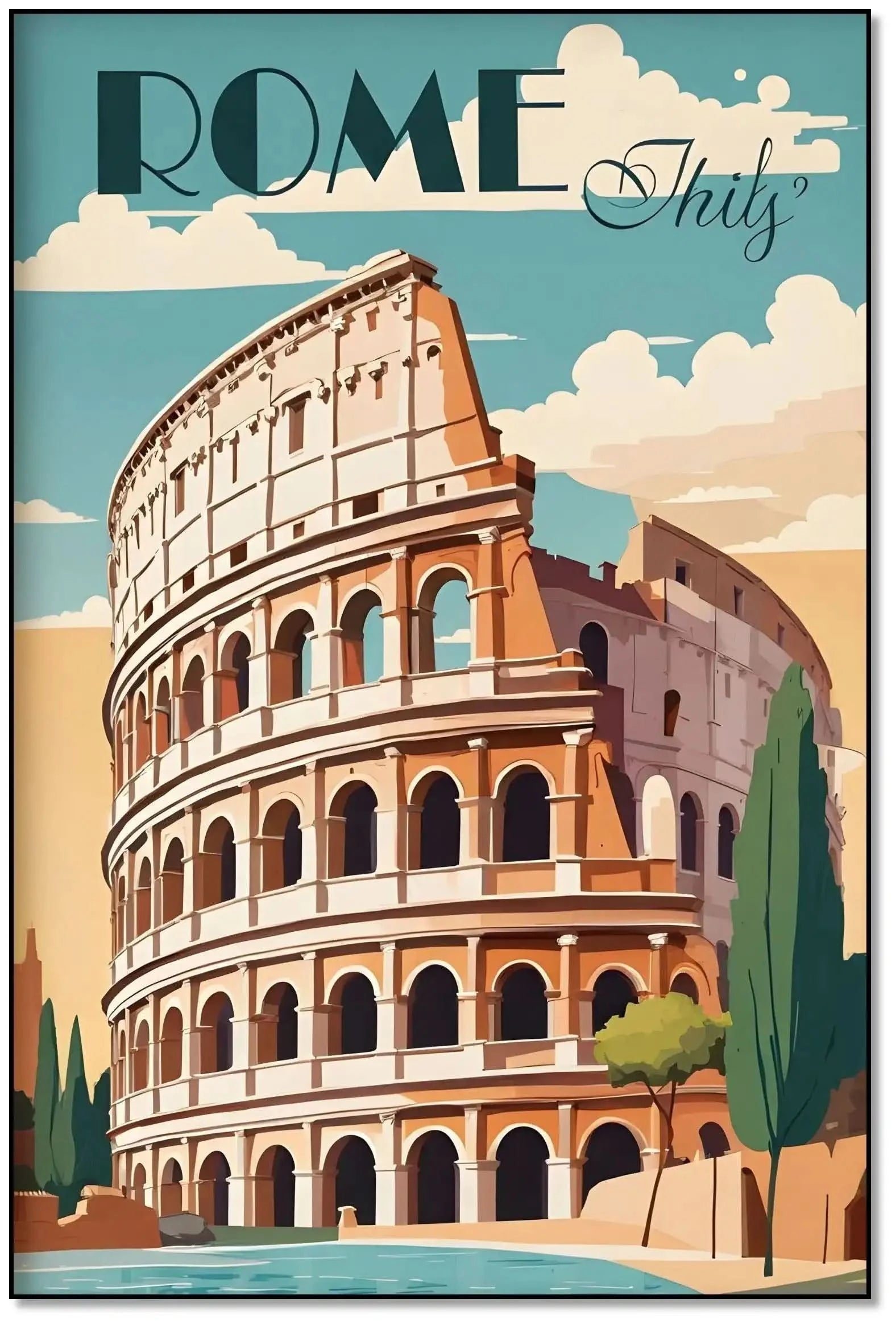 Illustration stylisée du Colisée de Rome avec teintes ocre et bleu, ambiance nostalgique et moderne pour salon ou bureau.