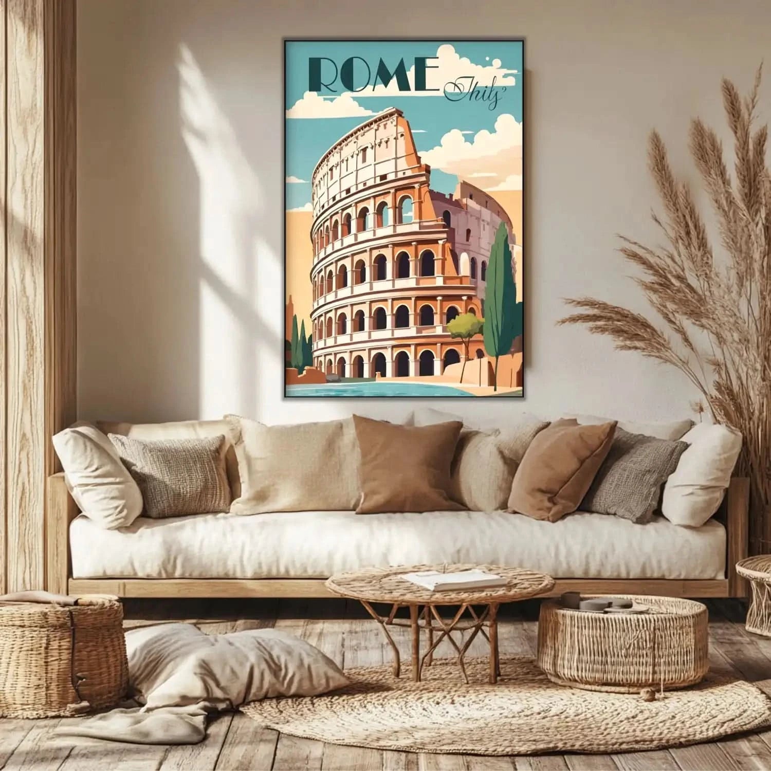 Illustration stylisée du Colisée de Rome avec teintes ocre et bleu, ambiance nostalgique et moderne pour salon ou bureau.