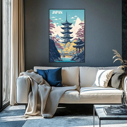 Pagode majestueuse entourée de paysages sereins avec teintes bleues, roses et jaunes, ambiance paisible pour salon ou bureau.