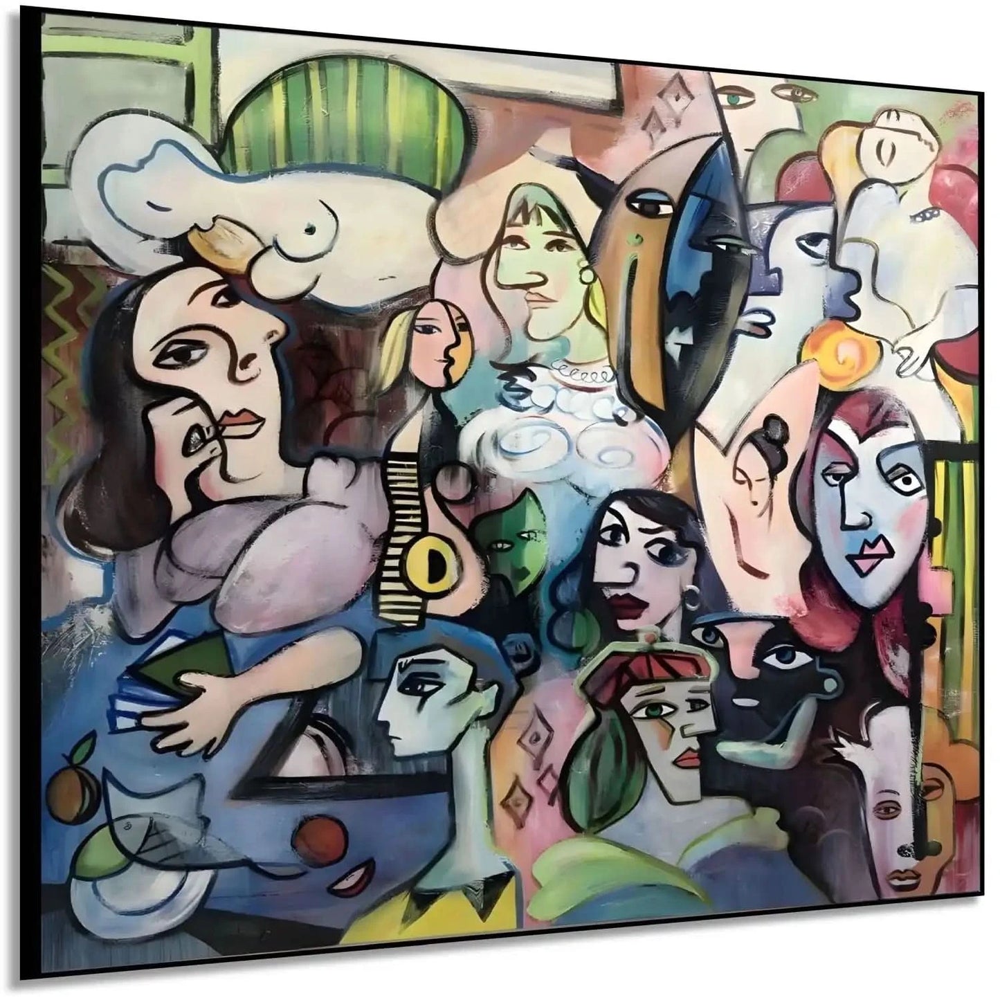 Œuvre abstraite avec visages colorés, lignes géométriques et ambiance mystérieuse, idéale pour salon ou bureau moderne.