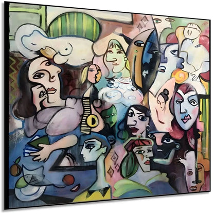 Œuvre abstraite avec visages colorés, lignes géométriques et ambiance mystérieuse, idéale pour salon ou bureau moderne.