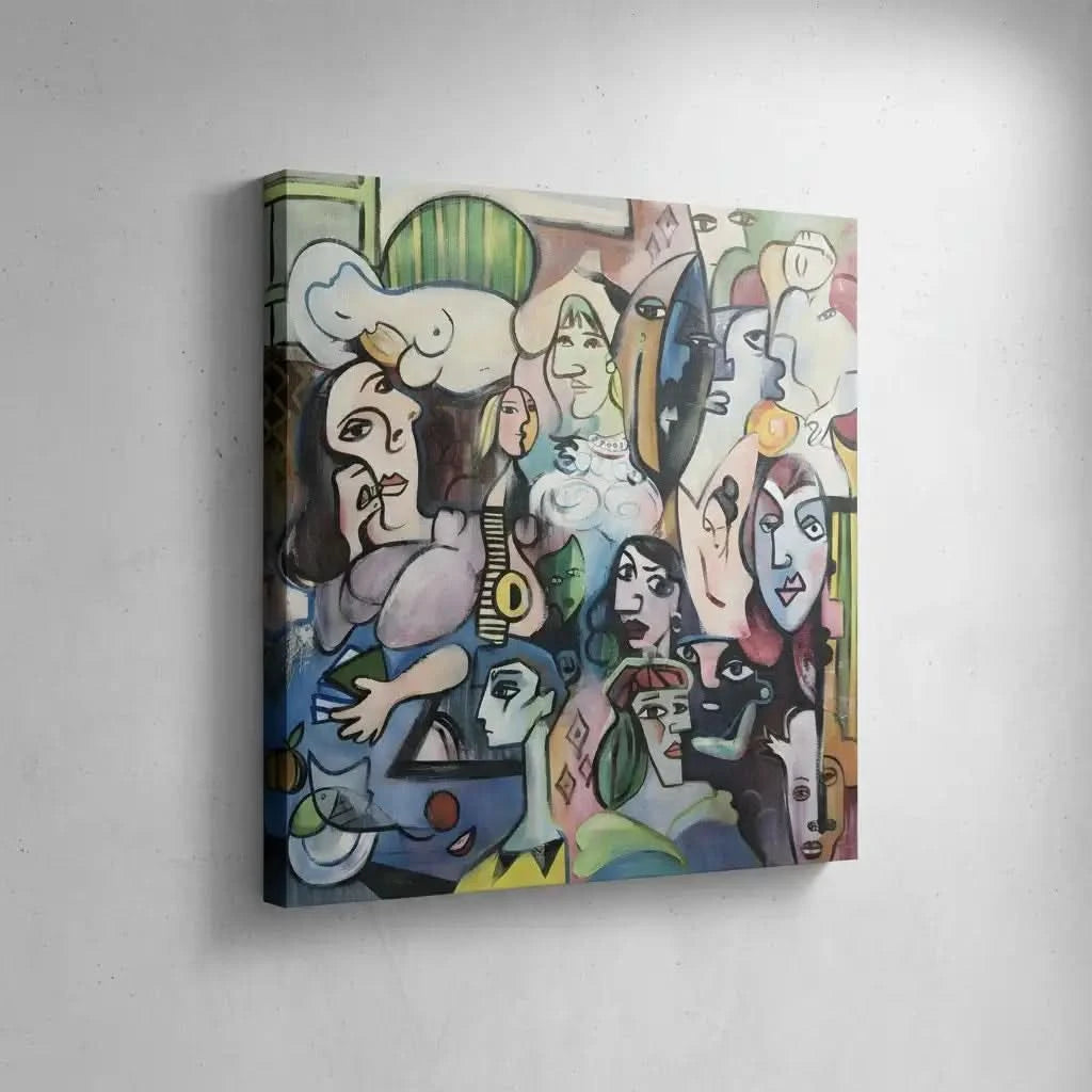 Oeuvre abstraite avec visages colorés, lignes géométriques et ambiance mystérieuse, idéale pour salon ou bureau moderne.