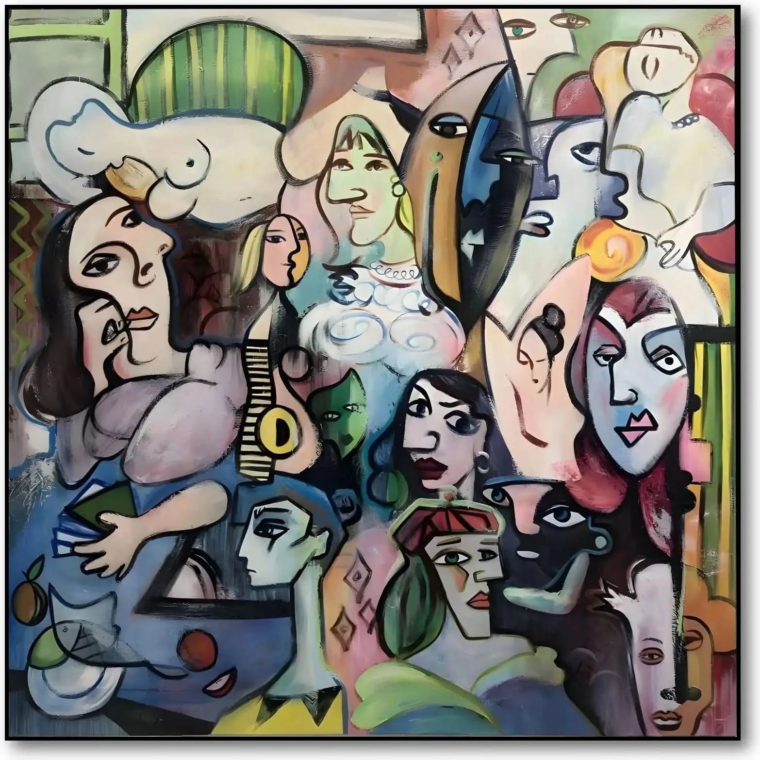 Œuvre abstraite avec visages colorés, lignes géométriques et ambiance mystérieuse, idéale pour salon ou bureau moderne.