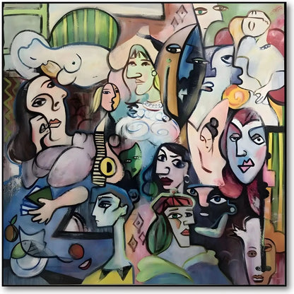 Œuvre abstraite avec visages colorés, lignes géométriques et ambiance mystérieuse, idéale pour salon ou bureau moderne.