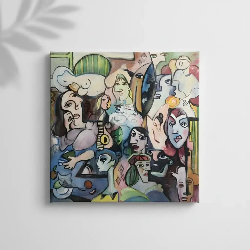 Oeuvre abstraite avec visages colorés, lignes géométriques et ambiance mystérieuse, idéale pour salon ou bureau moderne.