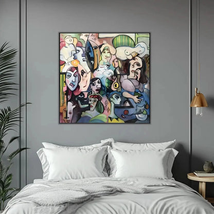 Œuvre abstraite avec visages colorés, lignes géométriques et ambiance mystérieuse, idéale pour salon ou bureau moderne.