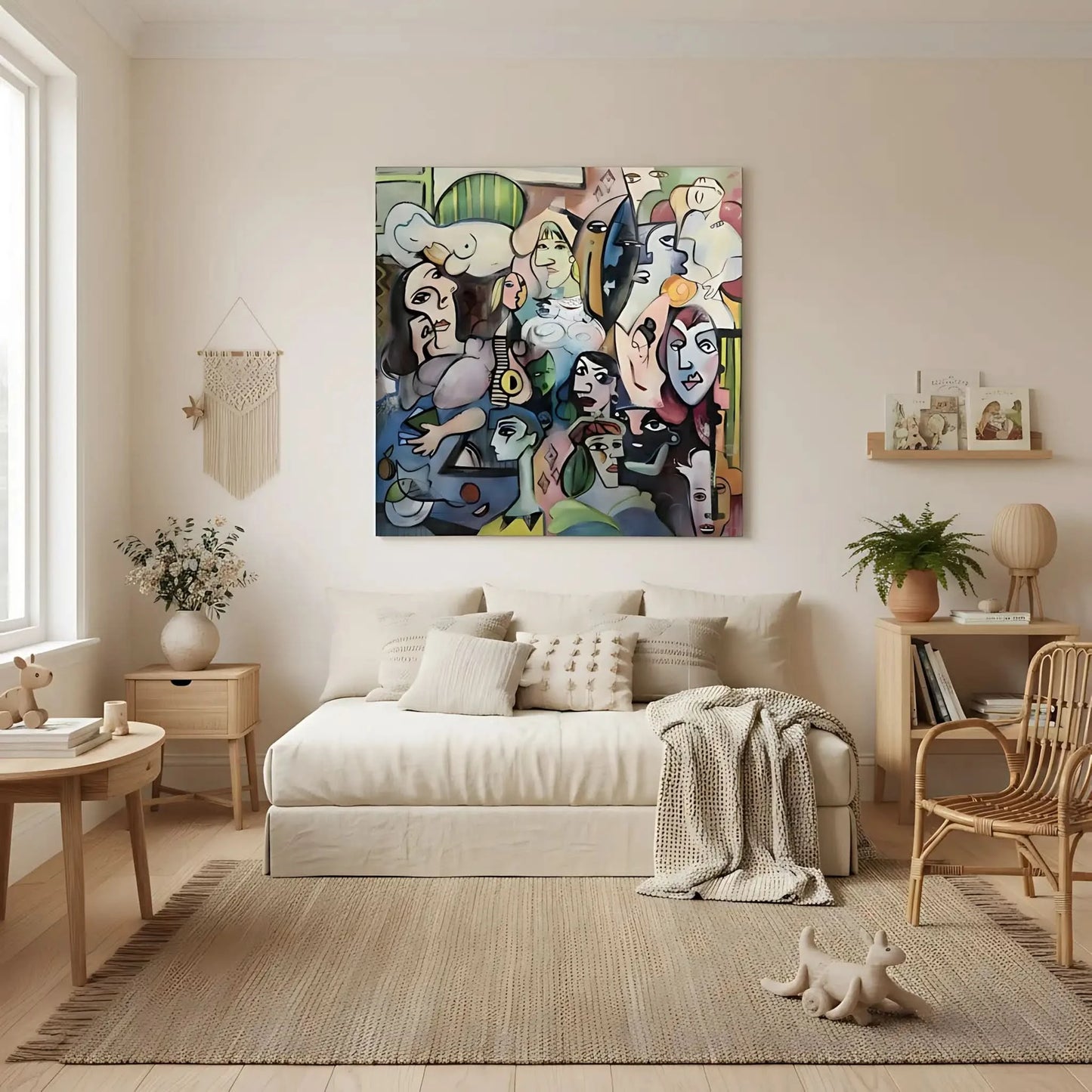 Oeuvre abstraite avec visages colorés, lignes géométriques et ambiance mystérieuse, idéale pour salon ou bureau moderne.