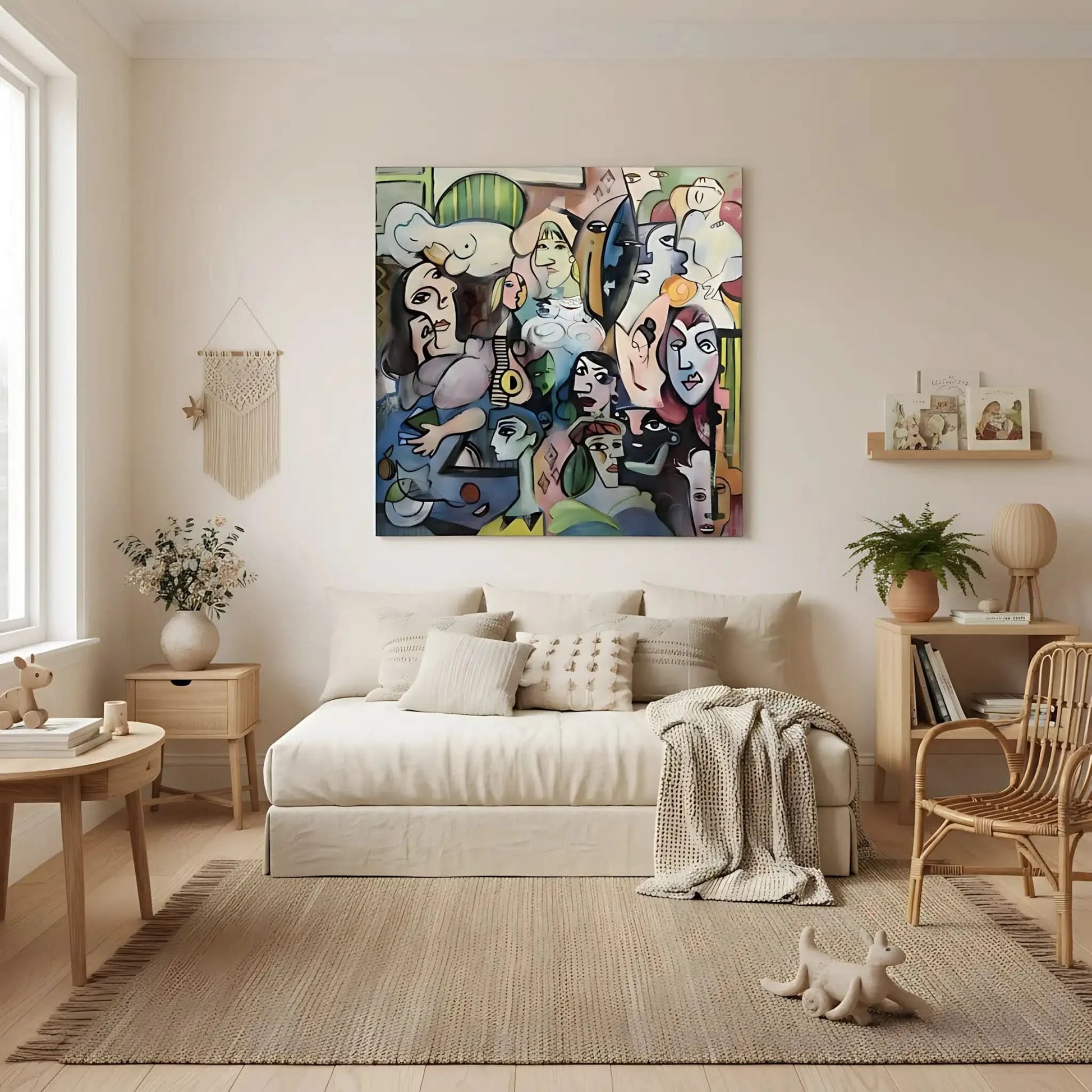 Oeuvre abstraite avec visages colorés, lignes géométriques et ambiance mystérieuse, idéale pour salon ou bureau moderne.