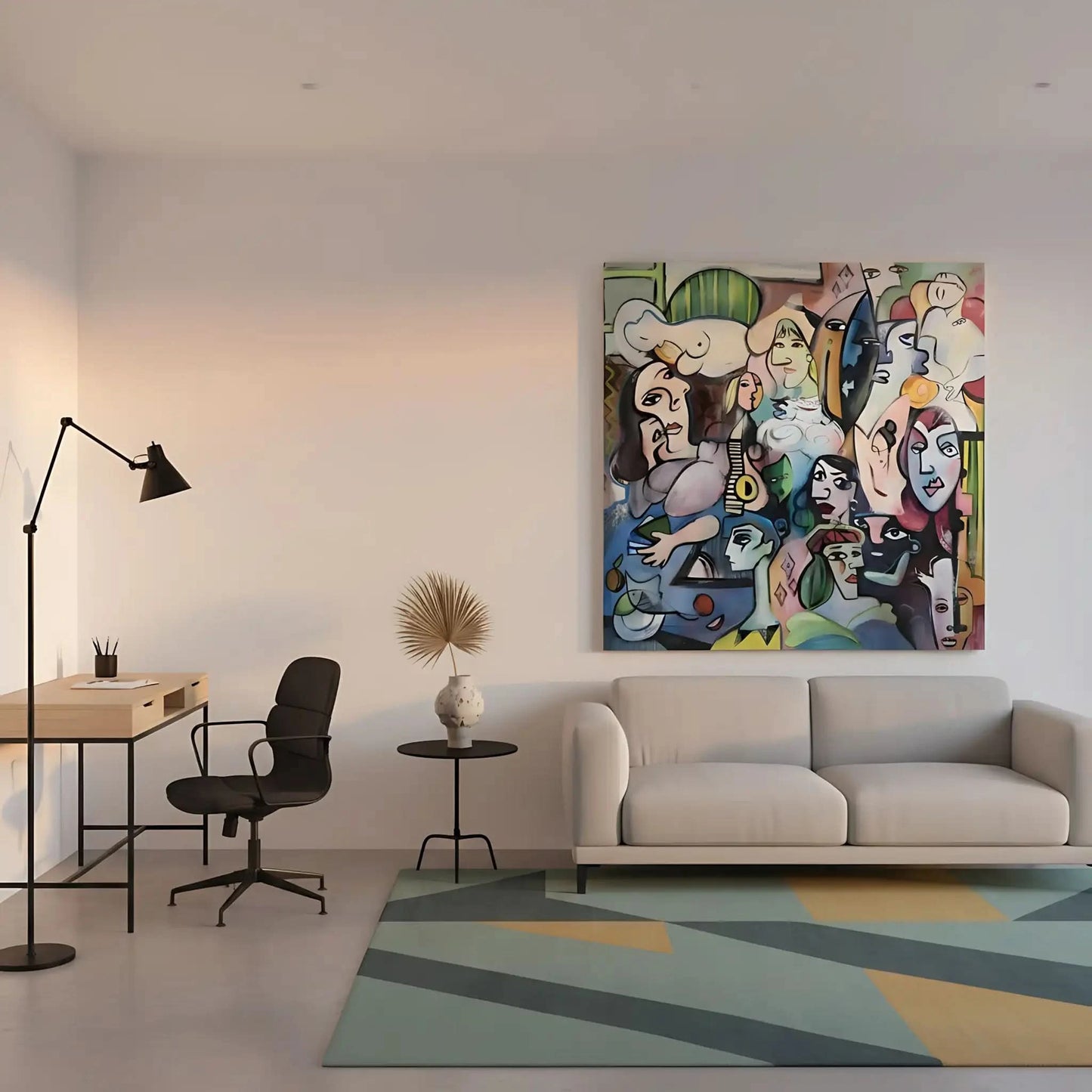 Oeuvre abstraite avec visages colorés, lignes géométriques et ambiance mystérieuse, idéale pour salon ou bureau moderne.